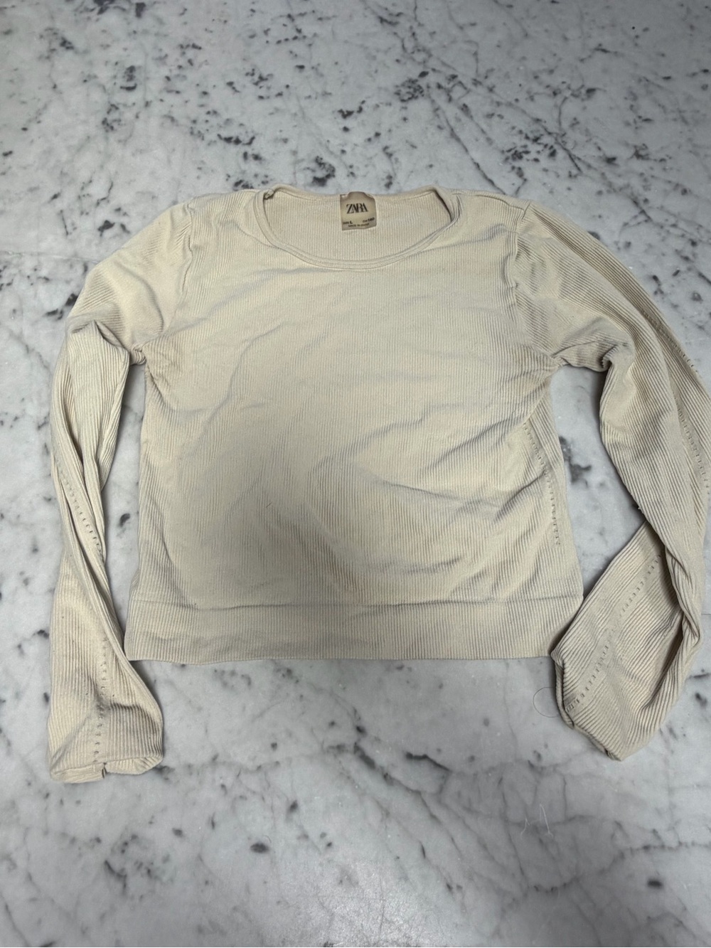 Zara Off-White Ribbed Long-Sleeve Crop Top
